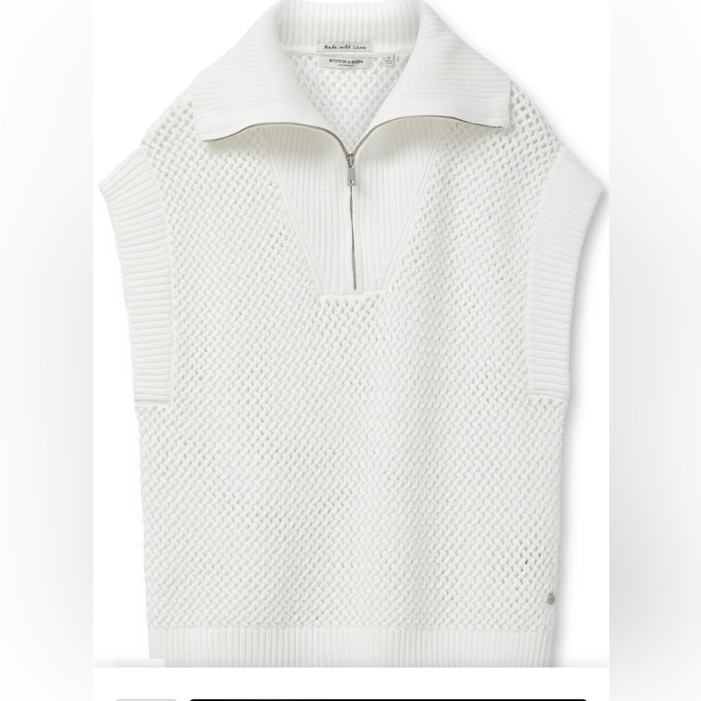 Scotch & Soda Women White Crochet Knit 1/4 Zip Cap Sleeve Sweater Sugar Sizzle L - Picture 3 of 16